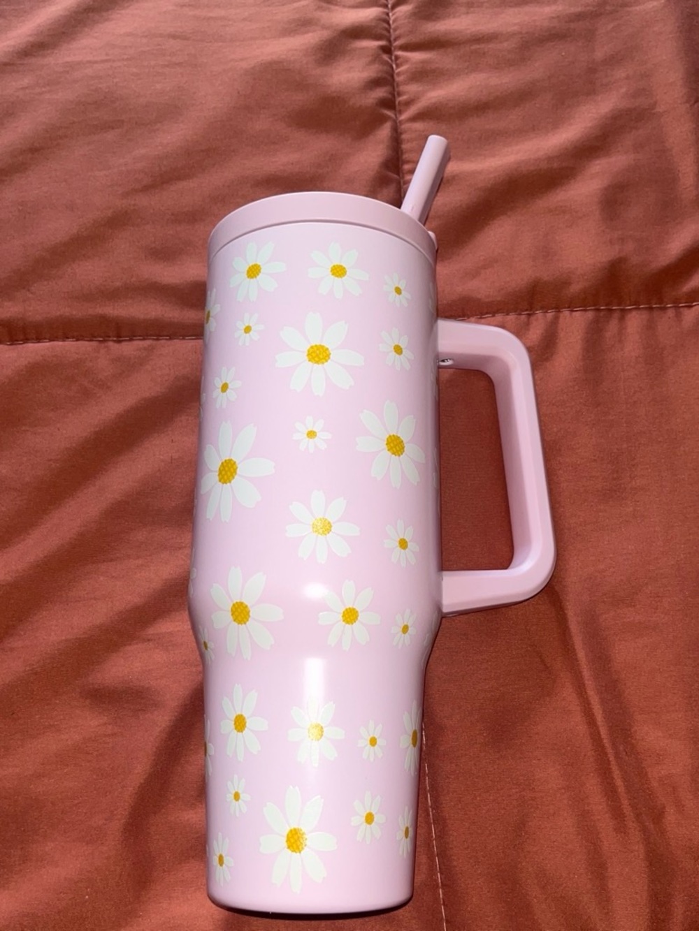 Pink Daisy Travel Tumbler with Handle and Straw